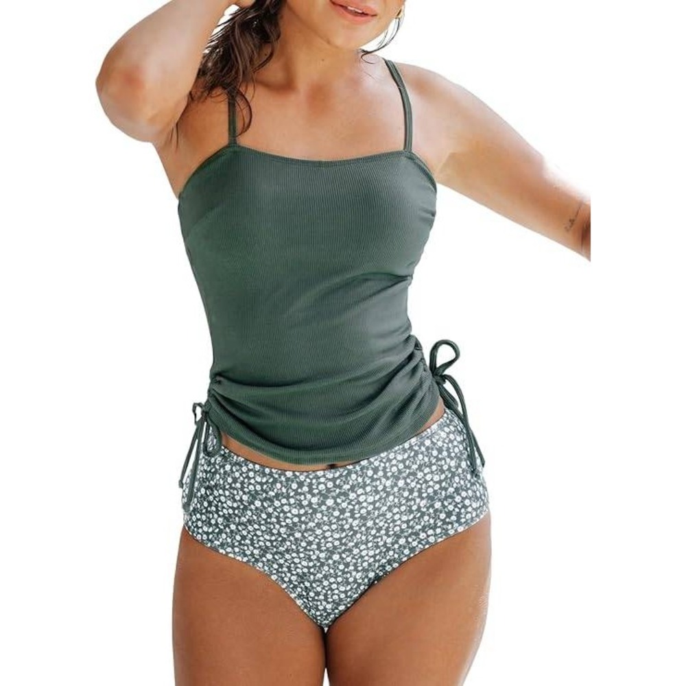 CUPSHE Tankini Set Swimsuit Ruched tie side High Waisted Green floral Size Small